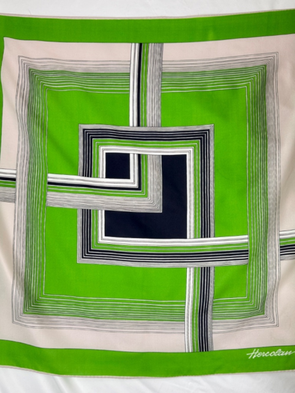 Vintage 1970s Hercolani Scarf Italy Poly Apple Green and Black Squares MCM - Picture 9 of 9